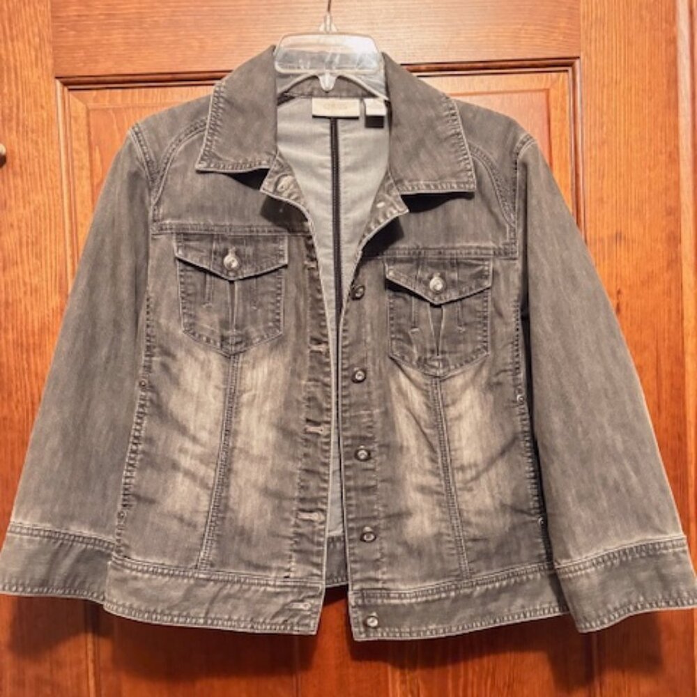 Chico's Women's Grey denim jacket with crystal buttons - size M